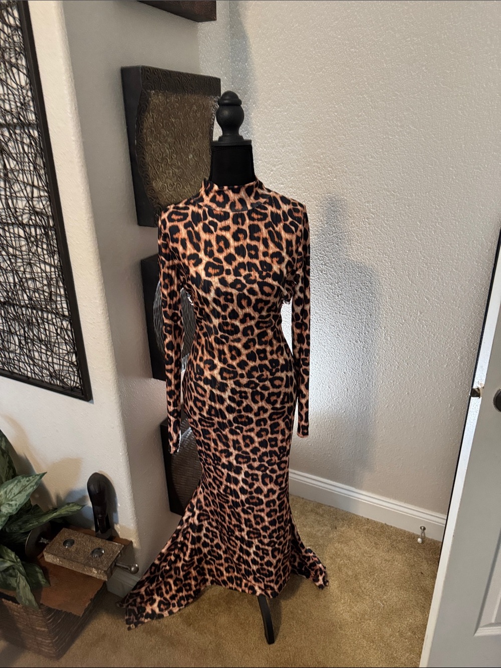 Long Sleeve Leopard Print Maxi Dress - Brown/Black